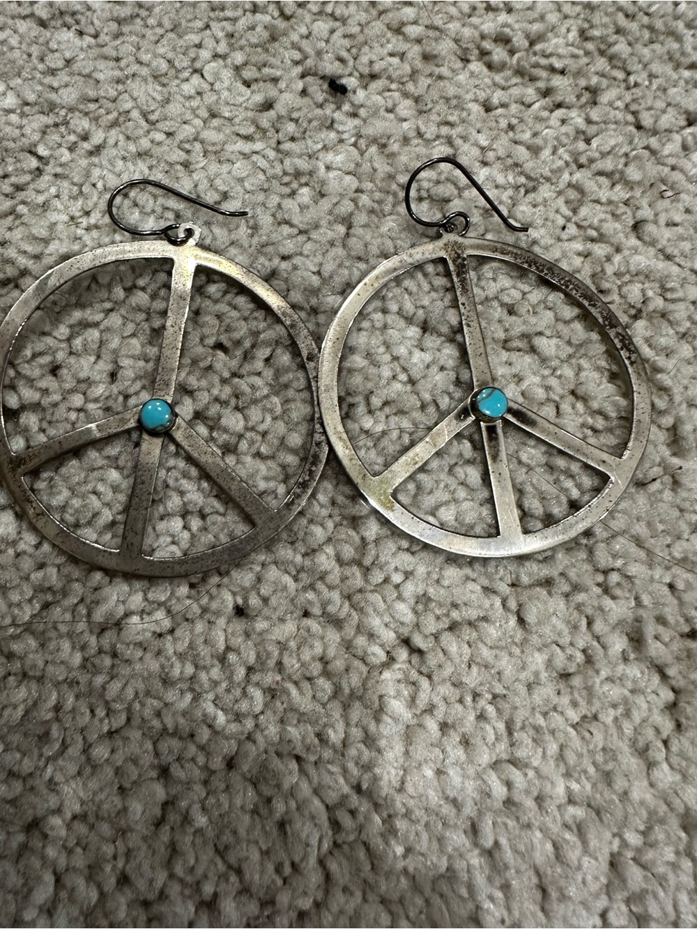 Turquoise Accent Silver-Tone Peace Sign Drop Earrings - Women Jewelry